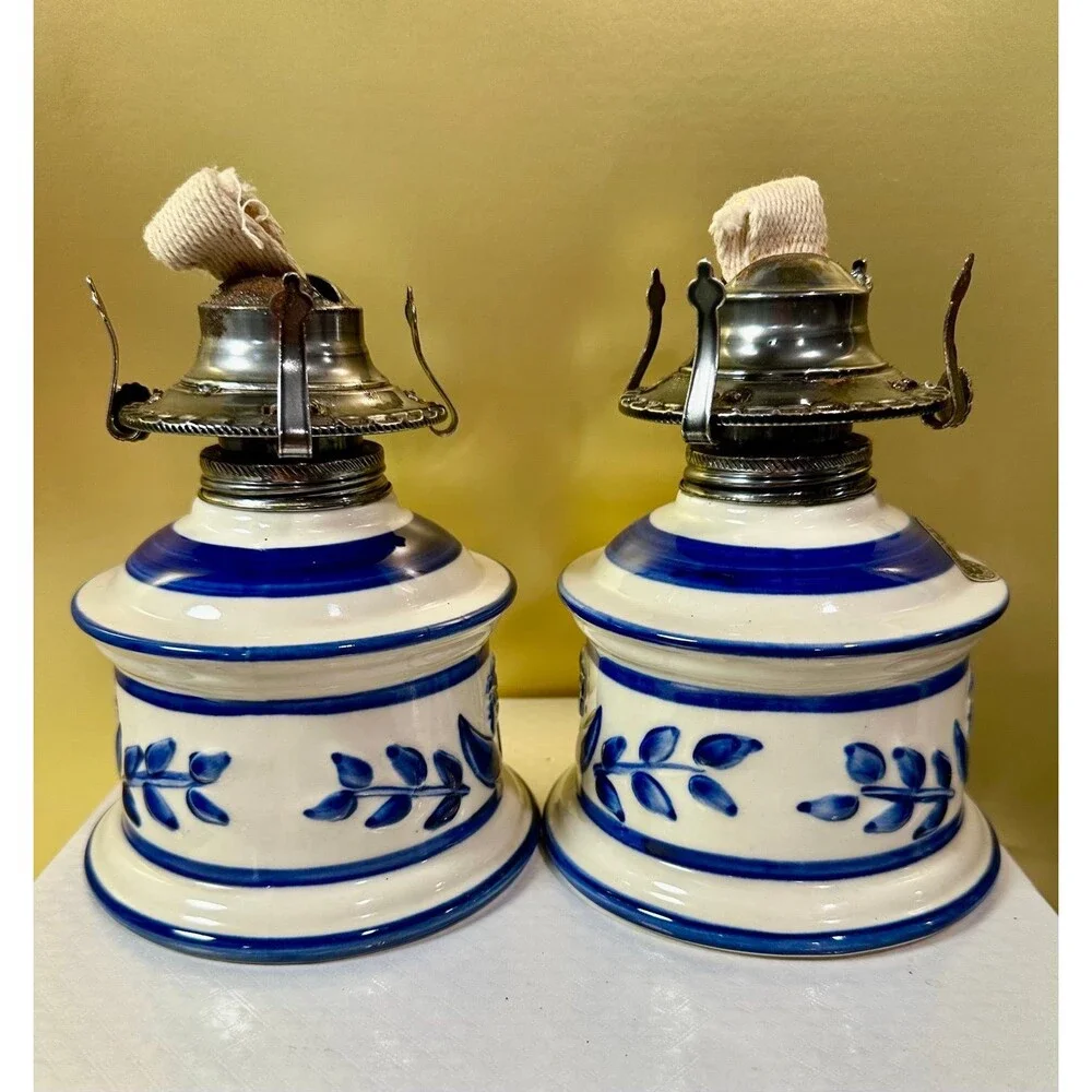 Vintage Lamplight Farms Blue & White Ceramic Oil Lamp Bases - Pair of 2